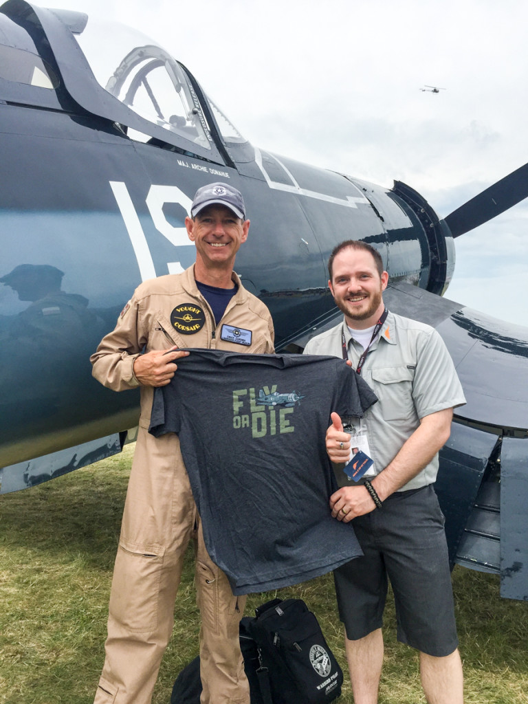 Chuck Garner is a Corsair pilot, among other things (I think he flies just about every warbird!) We may have him on an upcoming podcast. He got a shirt of giving us an awesome backdrop for the reveal