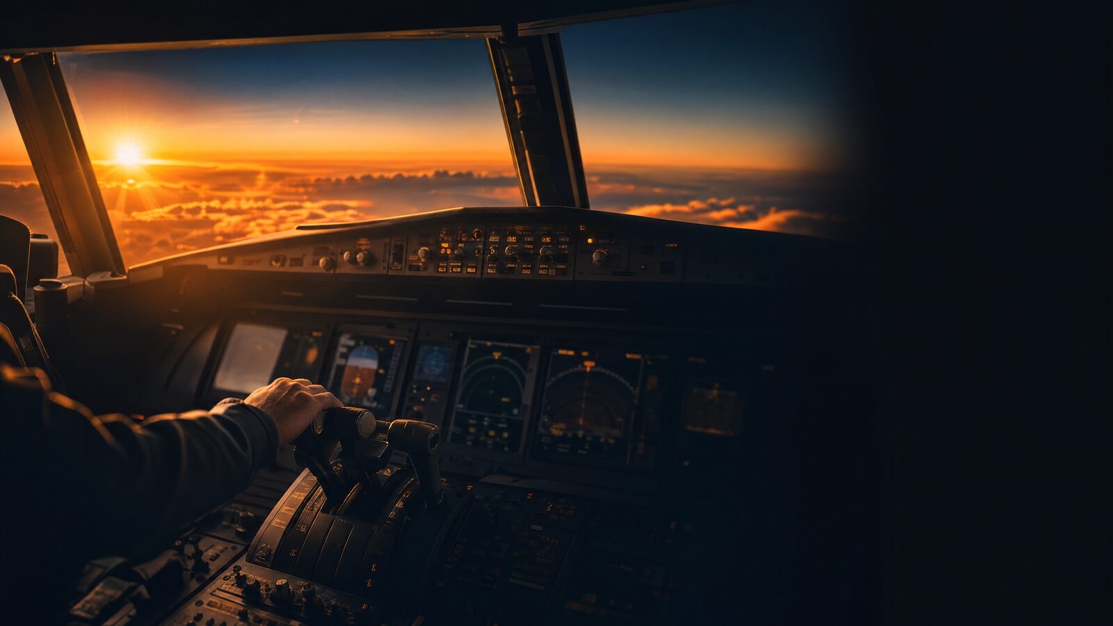 Golden-hour sunset cloudscape from a wide-body sim flight deck, thrust levers in the foreground
